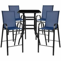 Flash Furniture TLH-073H092H4-NV-GG 27 1/2" X 27 1/2" X 39 1/2" Outdoor Glass Bar Table Set With 4 Navy Chairs