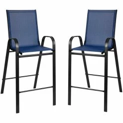 Flash Furniture TLH-073H092H4-NV-GG 27 1/2" X 27 1/2" X 39 1/2" Outdoor Glass Bar Table Set With 4 Navy Chairs -Lancaster Table & Seating Shop 2235077