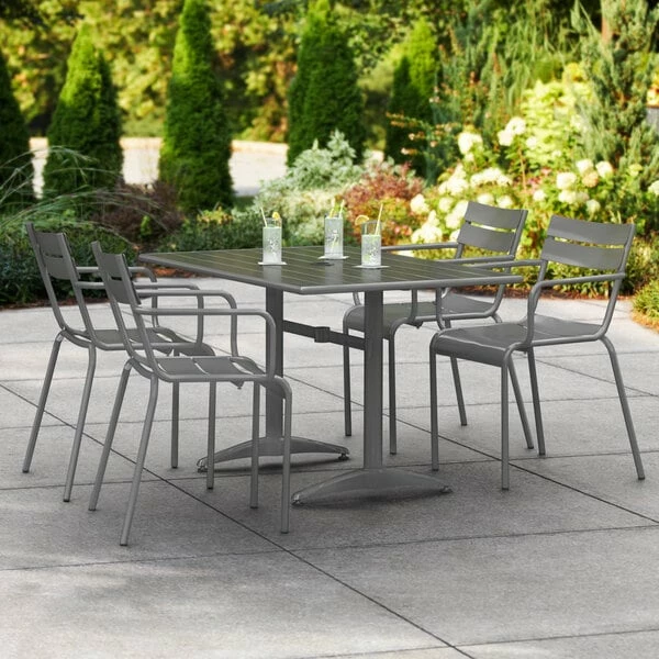 Lancaster Table & Seating 32" X 48" Matte Gray Powder-Coated Aluminum Dining Height Outdoor Table With Umbrella Hole And 4 Arm Chairs 1 Lancaster Table & Seating 32" X 48" Matte Gray Powder-Coated Aluminum Dining Height Outdoor Table With Umbrella Hole And 4 Arm Chairs