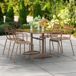 Lancaster Table & Seating 32" X 48" Brown Powder-Coated Aluminum Dining Height Outdoor Table With Umbrella Hole And 4 Arm Chairs