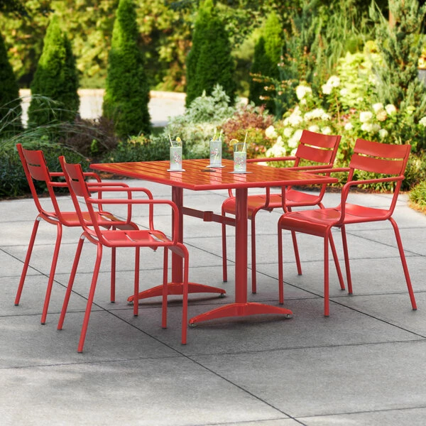 Lancaster Table & Seating 32" X 48" Red Powder-Coated Aluminum Dining Height Outdoor Table With Umbrella Hole And 4 Arm Chairs 1 Lancaster Table & Seating 32" X 48" Red Powder-Coated Aluminum Dining Height Outdoor Table With Umbrella Hole And 4 Arm Chairs