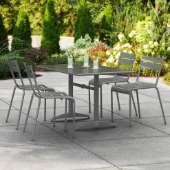 Lancaster Table & Seating 32" X 48" Matte Gray Powder-Coated Aluminum Dining Height Outdoor Table With Umbrella Hole And 4 Side Chairs