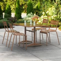 Lancaster Table & Seating 32" X 48" Brown Powder-Coated Aluminum Dining Height Outdoor Table With Umbrella Hole And 4 Side Chairs