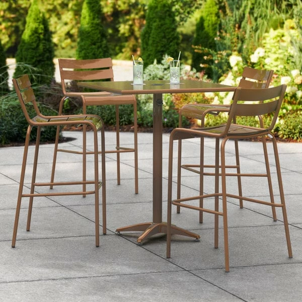 Lancaster Table & Seating 32" X 32" Brown Powder-Coated Aluminum Bar Height Outdoor Table With Umbrella Hole And 4 Barstools 1 Lancaster Table & Seating 32" X 32" Brown Powder-Coated Aluminum Bar Height Outdoor Table With Umbrella Hole And 4 Barstools