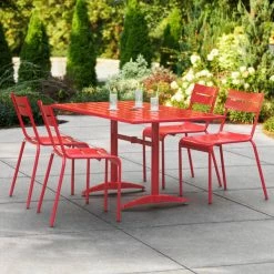Lancaster Table & Seating 32" X 60" Red Powder-Coated Aluminum Dining Height Outdoor Table With Umbrella Hole And 4 Side Chairs