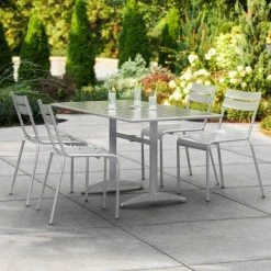 Lancaster Table & Seating 32" X 60" Silver Powder-Coated Aluminum Dining Height Outdoor Table With Umbrella Hole And 4 Side Chairs