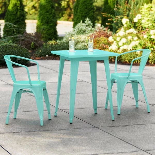 LT&S Alloy Series Lancaster Table & Seating Alloy Series 24" X 24" Seafoam Dining Height Outdoor Table With 2 Arm Chairs 1 LT&S Alloy Series Lancaster Table & Seating Alloy Series 24" X 24" Seafoam Dining Height Outdoor Table With 2 Arm Chairs
