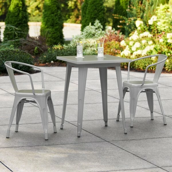 LT&S Alloy Series Lancaster Table & Seating Alloy Series 24" X 24" Silver Dining Height Outdoor Table With 2 Arm Chairs 1 LT&S Alloy Series Lancaster Table & Seating Alloy Series 24" X 24" Silver Dining Height Outdoor Table With 2 Arm Chairs