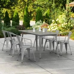 LT&S Alloy Series Lancaster Table & Seating Alloy Series 63" X 32" Silver Dining Height Outdoor Table With 6 Arm Chairs