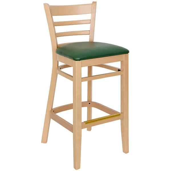 BFM Seating Berkeley Natural Beechwood Ladder Back Barstool With 2" Green Vinyl Seat 1 BFM Seating Berkeley Natural Beechwood Ladder Back Barstool With 2" Green Vinyl Seat
