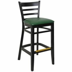 BFM Seating Berkeley Black Beechwood Ladder Back Barstool With 2" Green Vinyl Seat