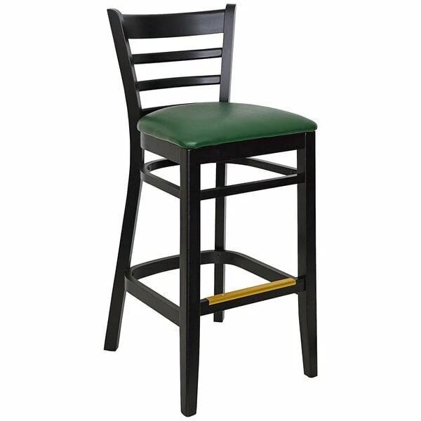 BFM Seating Berkeley Black Beechwood Ladder Back Barstool With 2" Green Vinyl Seat 1 BFM Seating Berkeley Black Beechwood Ladder Back Barstool With 2" Green Vinyl Seat