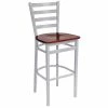 BFM Seating Lima Silver Mist Steel Bar Height Chair With Mahogany Wooden Seat