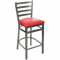BFM Seating Lima Clear Coated Steel Counter Height Bar Stool With 2" Red Vinyl Seat