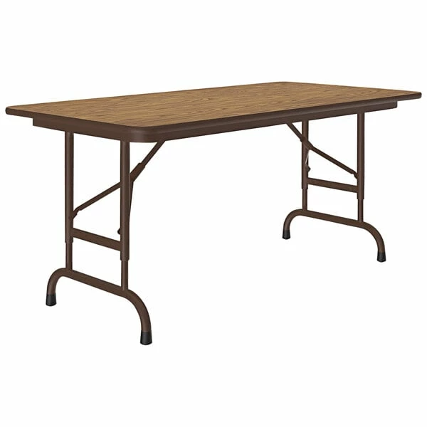 Correll 24" X 48" Medium Oak 22" - 32" Adjustable Height Thermal-Fused Laminate Top Folding Table With Brown Frame 1 Correll 24" X 48" Medium Oak 22" - 32" Adjustable Height Thermal-Fused Laminate Top Folding Table With Brown Frame