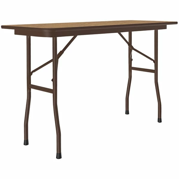 Correll 18" X 48" Medium Oak Thermal-Fused Laminate Top Folding Table With Brown Frame 1 Correll 18" X 48" Medium Oak Thermal-Fused Laminate Top Folding Table With Brown Frame