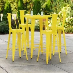 LT&S Alloy Series Lancaster Table & Seating Alloy Series 30" Round Yellow Outdoor Bar Height Table With 4 Metal Cafe Bar Stools