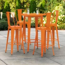 LT&S Alloy Series Lancaster Table & Seating Alloy Series 30" Round Orange Outdoor Bar Height Table With 4 Metal Cafe Bar Stools