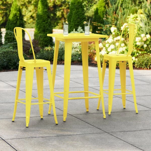LT&S Alloy Series Lancaster Table & Seating Alloy Series 24" X 24" Yellow Outdoor Bar Height Table With 2 Metal Cafe Bar Stools 1 LT&S Alloy Series Lancaster Table & Seating Alloy Series 24" X 24" Yellow Outdoor Bar Height Table With 2 Metal Cafe Bar Stools