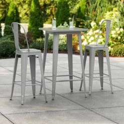 LT&S Alloy Series Lancaster Table & Seating Alloy Series 24" X 24" Silver Outdoor Bar Height Table With 2 Metal Cafe Bar Stools