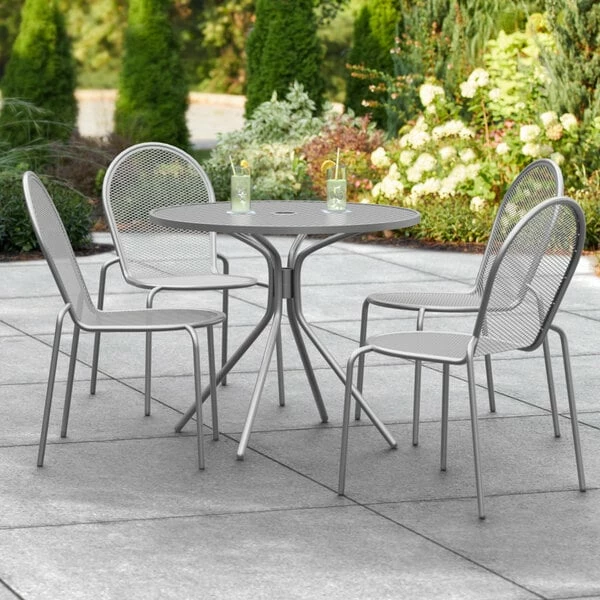 Lancaster Table & Seating Harbor Gray 36" Round Outdoor Standard Height Table With Modern Legs And 4 Side Chairs 1 Lancaster Table & Seating Harbor Gray 36" Round Outdoor Standard Height Table With Modern Legs And 4 Side Chairs