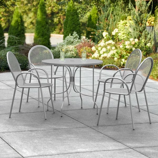 Lancaster Table & Seating Harbor Gray 36" Round Outdoor Standard Height Table With Ornate Legs And 4 Arm Chairs 1 Lancaster Table & Seating Harbor Gray 36" Round Outdoor Standard Height Table With Ornate Legs And 4 Arm Chairs