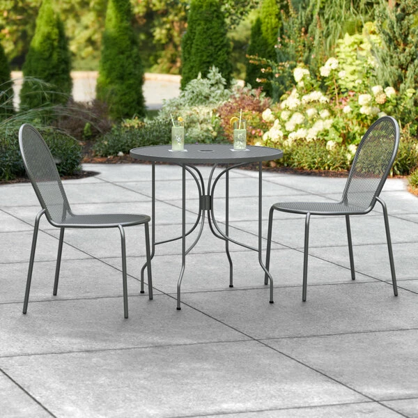 Lancaster Table & Seating Harbor Black 30" Round Outdoor Standard Height Table With Ornate Legs And 2 Side Chairs 1 Lancaster Table & Seating Harbor Black 30" Round Outdoor Standard Height Table With Ornate Legs And 2 Side Chairs
