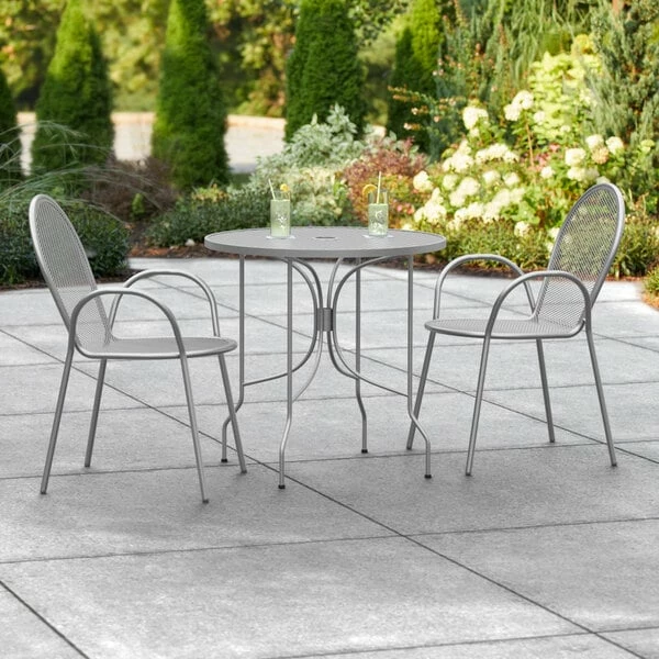Lancaster Table & Seating Harbor Gray 30" Round Outdoor Standard Height Table With Ornate Legs And 2 Arm Chairs 1 Lancaster Table & Seating Harbor Gray 30" Round Outdoor Standard Height Table With Ornate Legs And 2 Arm Chairs