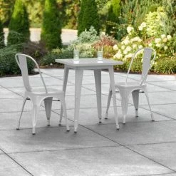 LT&S Alloy Series Lancaster Table & Seating Alloy Series 24" X 24" Silver Dining Height Outdoor Table With 2 Industrial Cafe Chairs