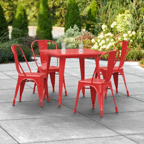 LT&S Alloy Series Lancaster Table & Seating Alloy Series 32" X 32" Red Dining Height Outdoor Table With 4 Industrial Cafe Chairs 1 LT&S Alloy Series Lancaster Table & Seating Alloy Series 32" X 32" Red Dining Height Outdoor Table With 4 Industrial Cafe Chairs