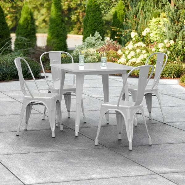 LT&S Alloy Series Lancaster Table & Seating Alloy Series 32" X 32" Silver Dining Height Outdoor Table With 4 Industrial Cafe Chairs 1 LT&S Alloy Series Lancaster Table & Seating Alloy Series 32" X 32" Silver Dining Height Outdoor Table With 4 Industrial Cafe Chairs