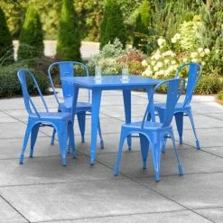 LT&S Alloy Series Lancaster Table & Seating Alloy Series 32" X 32" Blue Dining Height Outdoor Table With 4 Industrial Cafe Chairs