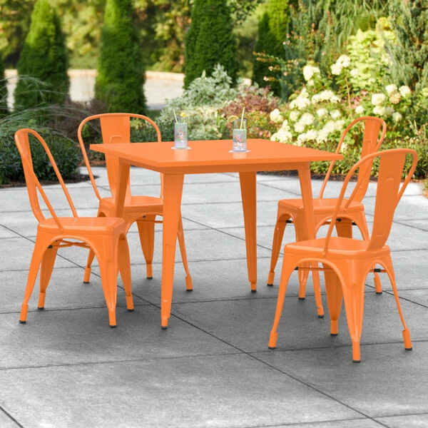 LT&S Alloy Series Lancaster Table & Seating Alloy Series 36" X 36" Orange Dining Height Outdoor Table With 4 Industrial Cafe Chairs 1 LT&S Alloy Series Lancaster Table & Seating Alloy Series 36" X 36" Orange Dining Height Outdoor Table With 4 Industrial Cafe Chairs