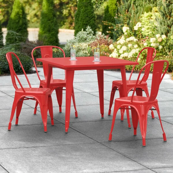 LT&S Alloy Series Lancaster Table & Seating Alloy Series 36" X 36" Red Dining Height Outdoor Table With 4 Industrial Cafe Chairs 1 LT&S Alloy Series Lancaster Table & Seating Alloy Series 36" X 36" Red Dining Height Outdoor Table With 4 Industrial Cafe Chairs