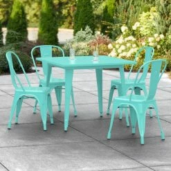 LT&S Alloy Series Lancaster Table & Seating Alloy Series 36" X 36" Seafoam Dining Height Outdoor Table With 4 Industrial Cafe Chairs
