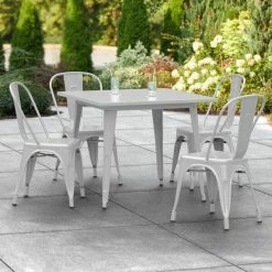 LT&S Alloy Series Lancaster Table & Seating Alloy Series 36" X 36" Silver Dining Height Outdoor Table With 4 Industrial Cafe Chairs