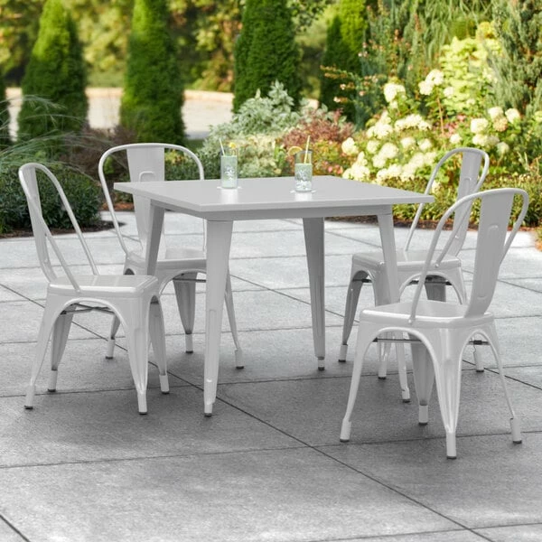 LT&S Alloy Series Lancaster Table & Seating Alloy Series 36" X 36" Silver Dining Height Outdoor Table With 4 Industrial Cafe Chairs 1 LT&S Alloy Series Lancaster Table & Seating Alloy Series 36" X 36" Silver Dining Height Outdoor Table With 4 Industrial Cafe Chairs