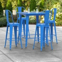LT&S Alloy Series Lancaster Table & Seating Alloy Series 32" X 32" Blue Outdoor Bar Height Table With 4 Metal Cafe Bar Stools