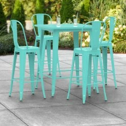 LT&S Alloy Series Lancaster Table & Seating Alloy Series 32" X 32" Seafoam Outdoor Bar Height Table With 4 Metal Cafe Bar Stools