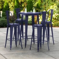 LT&S Alloy Series Lancaster Table & Seating Alloy Series 30" Round Navy Outdoor Bar Height Table With 4 Metal Cafe Bar Stools