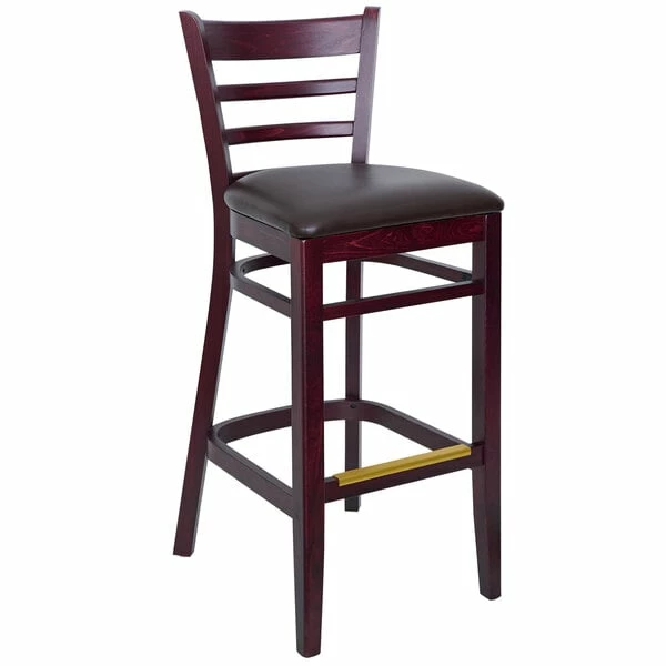 BFM Seating Berkeley Dark Mahogany Beechwood Ladder Back Barstool With 2" Dark Brown Vinyl Seat 1 BFM Seating Berkeley Dark Mahogany Beechwood Ladder Back Barstool With 2" Dark Brown Vinyl Seat