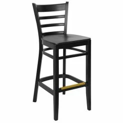 BFM Seating Berkeley Black Beechwood Ladder Back Barstool With Veneer Wood Seat