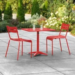 Lancaster Table & Seating 24" X 32" Red Powder-Coated Aluminum Dining Height Outdoor Table With Umbrella Hole And 2 Side Chairs