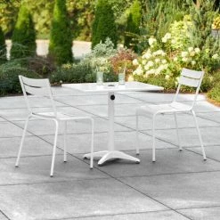 Lancaster Table & Seating 24" X 32" White Powder-Coated Aluminum Dining Height Outdoor Table With Umbrella Hole And 2 Side Chairs