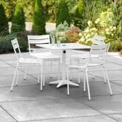 Lancaster Table & Seating 32" X 32" White Powder-Coated Aluminum Dining Height Outdoor Table With Umbrella Hole And 4 Side Chairs