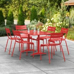 Lancaster Table & Seating 32" X 60" Red Powder-Coated Aluminum Dining Height Outdoor Table With Umbrella Hole And 6 Side Chairs