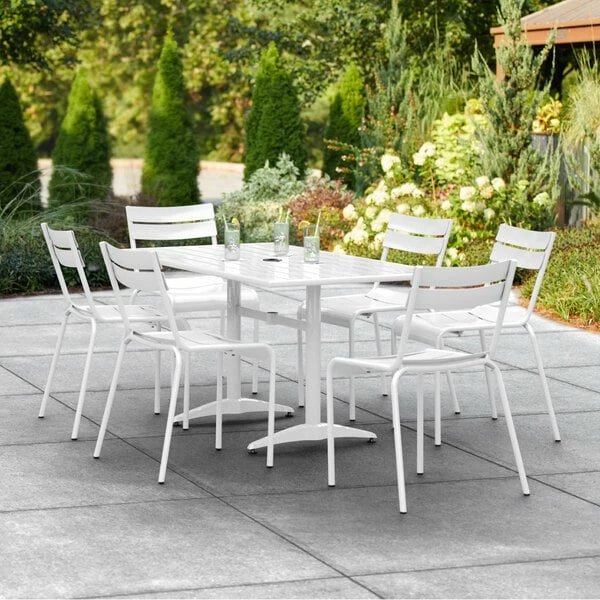 Lancaster Table & Seating 32" X 60" White Powder-Coated Aluminum Dining Height Outdoor Table With Umbrella Hole And 6 Side Chairs 1 Lancaster Table & Seating 32" X 60" White Powder-Coated Aluminum Dining Height Outdoor Table With Umbrella Hole And 6 Side Chairs