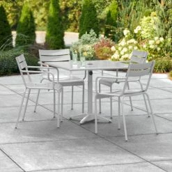 Lancaster Table & Seating 36" X 36" Silver Powder-Coated Aluminum Dining Height Outdoor Table With Umbrella Hole And 4 Arm Chairs