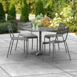 Lancaster Table & Seating 36" X 36" Matte Gray Powder-Coated Aluminum Dining Height Outdoor Table With Umbrella Hole And 4 Side Chairs
