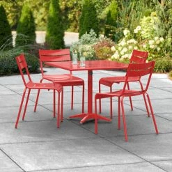 Lancaster Table & Seating 36" X 36" Red Powder-Coated Aluminum Dining Height Outdoor Table With Umbrella Hole And 4 Side Chairs